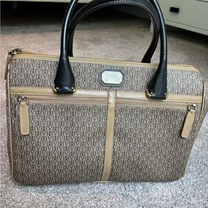 Victor Hugo Tote Bag - Brown and Tan Handbag with Black Handles